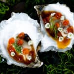 Heroes In A Half Shell* Oysters, pomegranate, egg yolk purée, soy, fennel