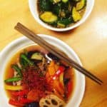 Lightly fried lotus root, peppers, eggplant, green beens marinated into house made cold sweet dashi broth by Masako Morishita