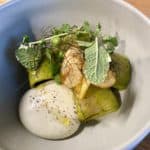 Pineapple mint, fresh peas, pea pesto, crispy potatoes